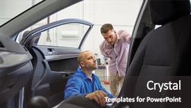  Presentation with mechanic shop - Amazing PPT theme having auto service repair maintenance and people concept - mechanic and man or owner at car shop backdrop and a dark gray colored foreground
