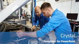  Presentation with car service - Cool new PPT theme with wrench repairing car at workshop backdrop and a teal colored foreground