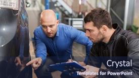  Presentation with mechanic car service repair maintenance - Beautiful PPT layouts featuring auto service repair maintenance and people concept - mechanic with clipboard and customer or owner pointing finger to car at workshop backdrop and a navy blue colored foreground