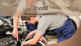  Presentation with working together - Beautiful PPT theme featuring auto shop - caucasian car mechanics working together backdrop and a coral colored foreground