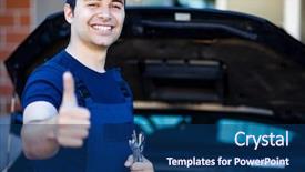  Presentation with mechanic - Audience pleasing theme consisting of auto shop - smiling mechanic thumbs up backdrop and a navy blue colored foreground