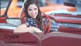  Presentation with vintage car - Presentation theme with auto show - beautiful woman posing background and a tawny brown colored foreground