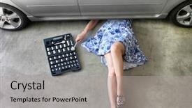  Presentation with garage car - PPT theme enhanced with auto tools - young woman fixing a car background and a light gray colored foreground