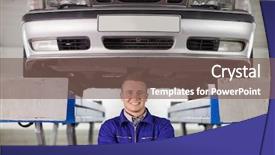  Presentation with garage car - Presentation design consisting of auto trasmission - mechanic with arms crossed below background and a  colored foreground