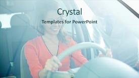  Presentation with car - PPT theme with auto trasmission - photo of smiling woman sitting background and a sky blue colored foreground