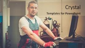  Presentation with wheel - PPT layouts with autoangle - serviceman near wheel alignment computer background and a coral colored foreground