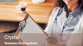  Presentation with pen laptop coffee cup clips - PPT layouts having autocad traning - young woman standing near desk background and a coral colored foreground