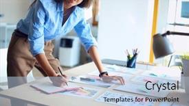  Presentation with desk - Colorful presentation theme enhanced with autocad traning - young woman standing near desk backdrop and a  colored foreground