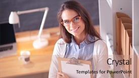  Presentation with pen laptop coffee cup clips - Slide set enhanced with autocad traning - young woman standing near desk background and a coral colored foreground