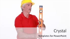  Presentation with spirit - Presentation design featuring autoclave - grey-haired man holding spirit-level background and a sky blue colored foreground