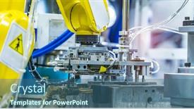  Presentation with manufacturing process - PPT theme consisting of automated-arm-catch-for-assembly background and a ocean colored foreground