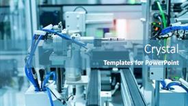  Presentation with factory machine - Cool new PPT layouts with automatic-machine-tool-in-industrial backdrop and a teal colored foreground