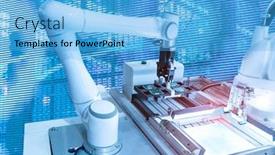  Presentation with factory machine - Audience pleasing slide deck consisting of automatic-machine-tool-in-industrial backdrop and a light blue colored foreground