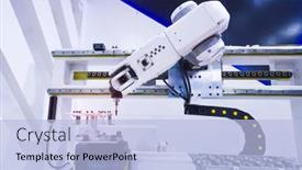  Presentation with industrial robot - Colorful PPT theme enhanced with automatic-robot-drill-machine-tool backdrop and a light blue colored foreground