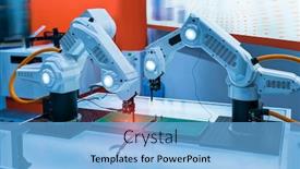  Presentation with machine assembly - Colorful presentation theme enhanced with automatic robot for print circuit board pcb assembly machine during soldering or welding part at factory backdrop and a light blue colored foreground