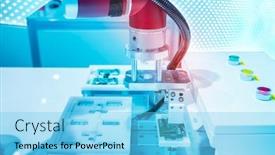  Presentation with machine assembly - Presentation design enhanced with automatic-robot-for-print-circuit background and a light blue colored foreground