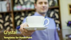  Presentation with pen laptop coffee cup clips - Slide deck featuring automatic sellesrs - photo of barist man background and a  colored foreground