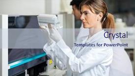  Presentation with analyzing behavior - Slide deck having automation clinical chemistry - female technician analyzing samples background and a sky blue colored foreground