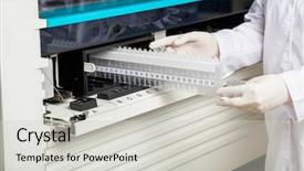 Presentation with automation - Presentation design featuring automation clinical chemistry - midsection of technician placing samples background and a light gray colored foreground