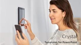  Presentation with smart home automation - Theme consisting of automation internet of things and technology concept - woman using tablet pc computer and smartphone at smart home background and a soft green colored foreground