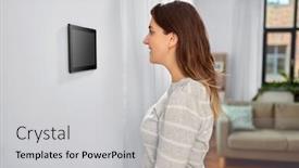  Presentation with smart home automation - Presentation theme consisting of automation internet of things and technology concept - woman looking at tablet pc computer at smart home background and a light gray colored foreground