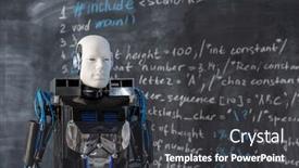  Presentation with automation - Cool new PPT theme with automation-robot-of-new-generation backdrop and a dark gray colored foreground