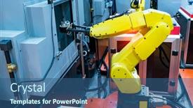  Presentation with manufacturing - Presentation design with automation system control application on automate robot arm in smart manufacturing background background and a ocean colored foreground