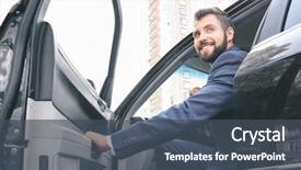  Presentation with handsome - Audience pleasing PPT theme consisting of automobile - handsome man in suit getting backdrop and a ocean colored foreground