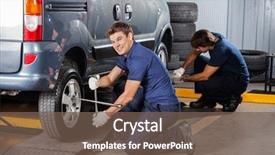  Presentation with mechanic repair - Presentation theme consisting of automobile - happy mechanic fixing car tire background and a violet colored foreground