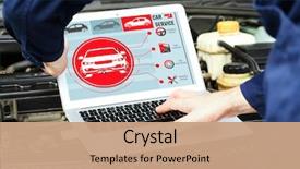  Presentation with car engine - Colorful PPT theme enhanced with automobile - mechanic with laptop near car backdrop and a coral colored foreground