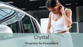 Presentation with keys - Presentation theme having automobile - pretty young woman standing background and a light blue colored foreground