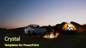  Presentation with travel friends - PPT theme featuring automobile - two male friends near bonfire background and a wine colored foreground