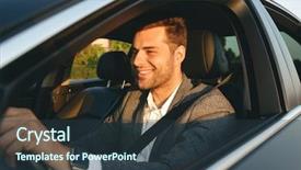  Presentation with driving simulator - Theme enhanced with automobile company - confient smiling bussinesman in suit background and a  colored foreground