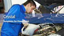  Presentation with service technician - Presentation having automobile engine at maintenance background and a teal colored foreground