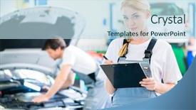 Presentation with female mechanic - Presentation theme consisting of automobile engineering - male and female mechanic team background and a sky blue colored foreground