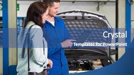  Presentation with garage car - Beautiful PPT theme featuring automobile engineering - mechanic showing customer the problem backdrop and a ocean colored foreground