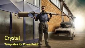  Presentation with auto - Amazing PPT theme having automobile exhaust - auto mechanic holding a silencer backdrop and a tawny brown colored foreground