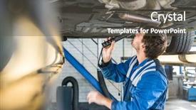  Presentation with mechanic repair - Audience pleasing slide set consisting of automobile exhaust - male mechanic with flashlight examining backdrop and a dark gray colored foreground