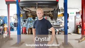  Presentation with mechanic shop - Theme enhanced with automobile exhaust - portrait of smiling young mechanic background and a coral colored foreground