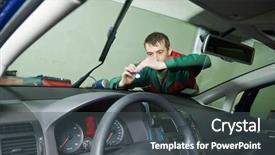  Presentation with windshield repair - Audience pleasing PPT theme consisting of automobile glazier repair windscreen or windshield of a car in auto service station garage backdrop and a dark gray colored foreground