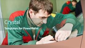  Presentation with garage car - Presentation design with automobile glazier repairman examining windscreen or windshield of a car in auto service station garage background and a ocean colored foreground