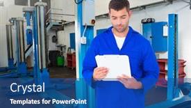  Presentation with automobile - Audience pleasing PPT theme consisting of automobile-mechanic-holding-clipboard backdrop and a ocean colored foreground