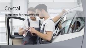  Presentation with automobile engineering - Cool new PPT theme with automobile mechanics checking checklist while backdrop and a light gray colored foreground