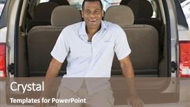  Presentation with automobile - Audience pleasing PPT theme consisting of automobile mpv - man sitting in back backdrop and a violet colored foreground