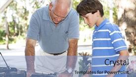  Presentation with working together - Presentation featuring automobile polo - father and son working together background and a light blue colored foreground