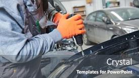  Presentation with repair shop - Beautiful presentation featuring automobile-repair-shop-worker-assembling backdrop and a dark gray colored foreground