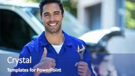  Presentation with mechanic sensors - Presentation theme enhanced with automobile service technician - portrait of happy mechanic background and a navy blue colored foreground