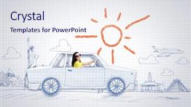  Presentation with woman car driver map - PPT theme enhanced with automobile sketch - young woman riding car made background and a sky blue colored foreground