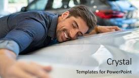  Presentation with closed - Presentation design featuring automobiles - happy young man hugging his background and a light gray colored foreground