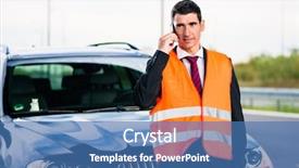  Presentation with towing - Slide set enhanced with automotive companies - man with car breakdown calling background and a  colored foreground